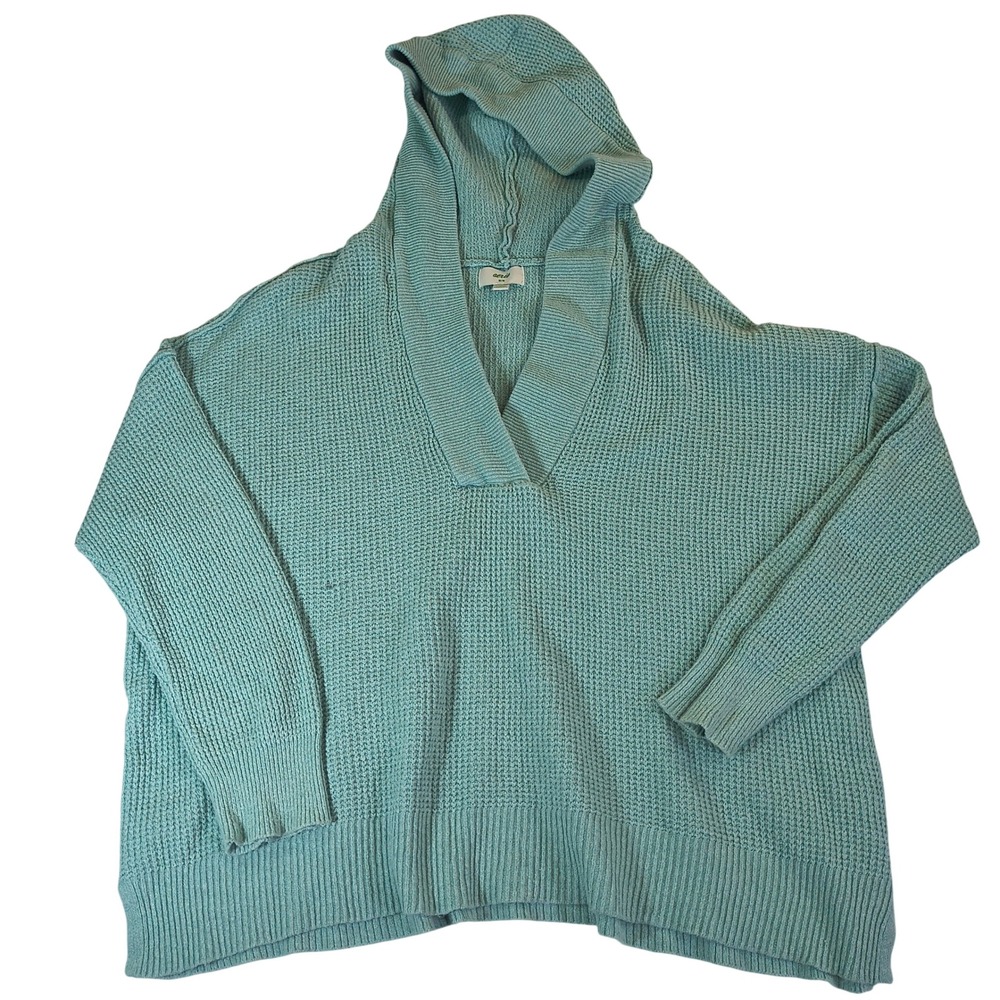 Aerie Womens Waffle Knit Hooded Sweater M Teal Blue V-Neck Oversized Pullover
